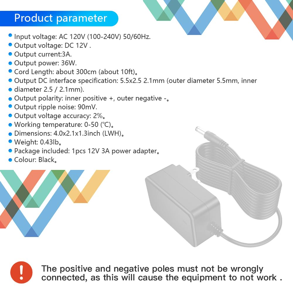 10FT 12V 3A AC Adapter 12Volt Power Supply Charger Cord 100-240V AC to DC 12 Volt 3 Amp for LED Strip Lights CCTV BT Speaker DC12V Charger 3M