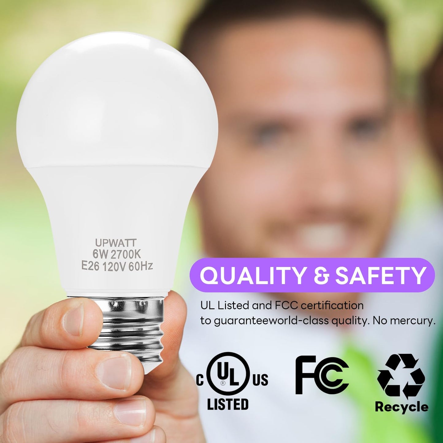 UPWATT A19 LED Light Bulb, 6W (40W Equivalent) 2700K Warm Yellow Light, 570 Lumens, Non Dimmable, E26 Standard Medium Base for Bathroom Home Lighting 10 Packs