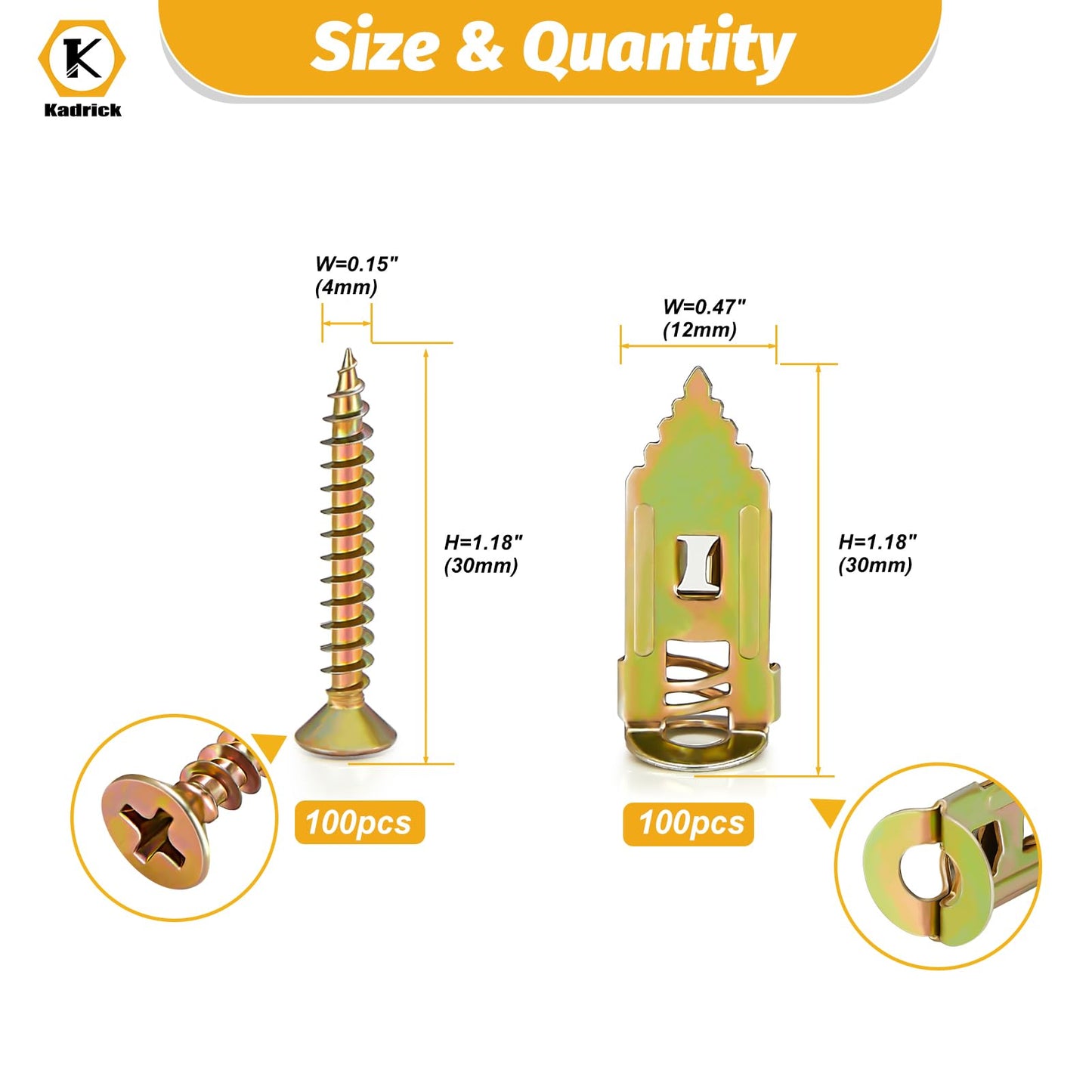 Kadrick 200Pcs Self Drilling Drywall Anchors with Screws,Zinc Plated Steel,2025 Upgraded Hollow Wall Anchors and Screws Kit, Easy Application No Drill or Holes in Wall(100 Anchors and 100 Screws)