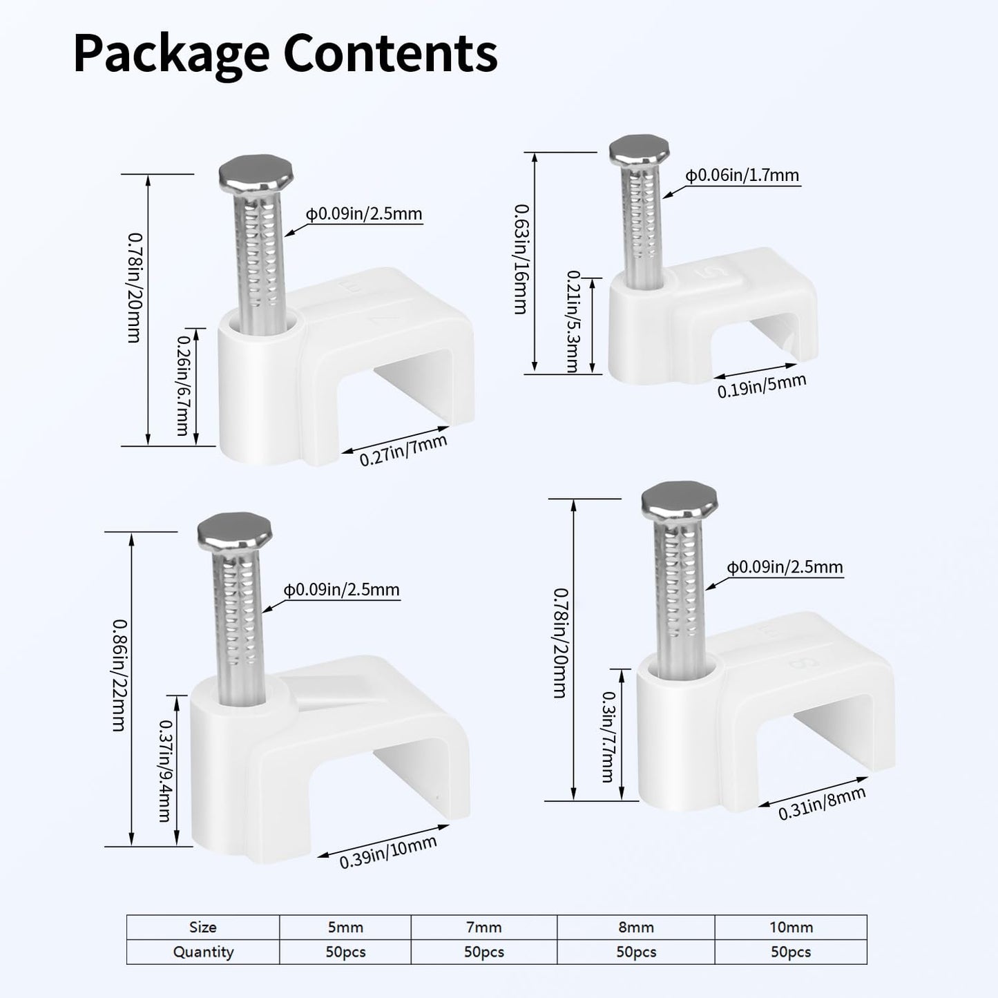 LeMotech 200pcs Cable Clips 5/7/8/10mm Flat Cable Nail Clips Cable Tacks Coaxial Nail Clamps for Cable Cord Management RG6 RG59 CAT5 CAT6 RJ45 Electrical Ethernet Coaxial Clamps, White