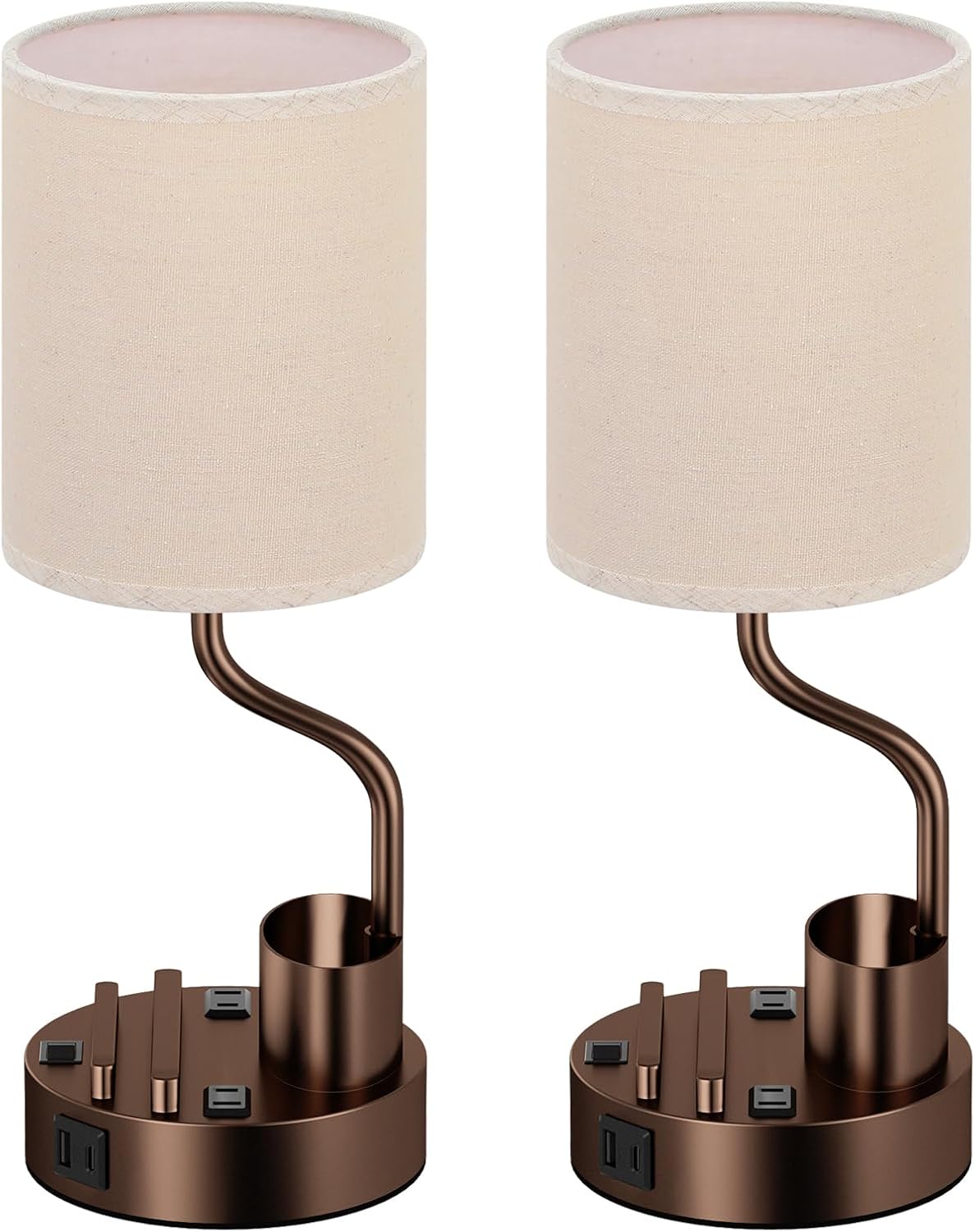 Set of 2 Bedside Table Lamps with USB & AC Outlet - 3 Color Temperatures, Desk Light & Phone Stand for Bedroom, Living Room, Office