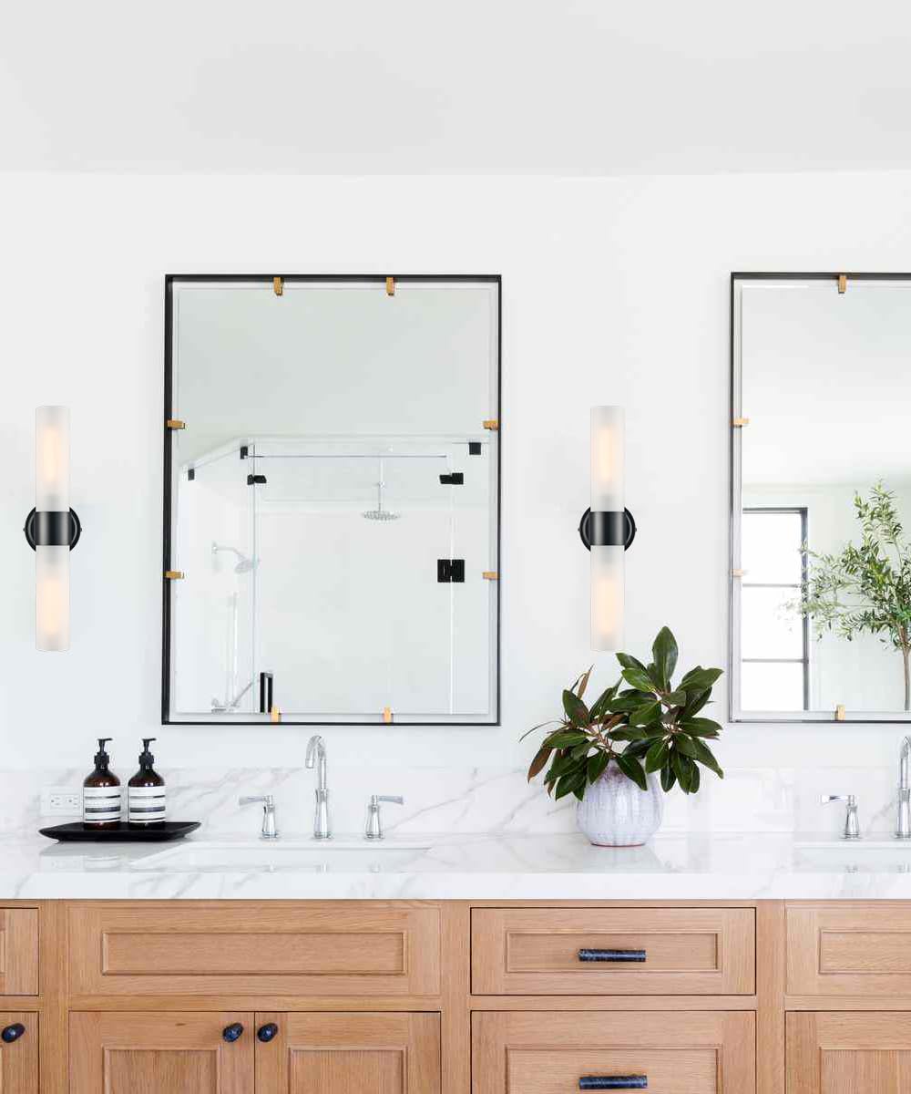 DAYCENT Modern Black Bathroom Vanity Lights Farmhouse 2-Light Frosted Glass Wall Sconce Matte Black Cylinder Sconces Wall Lighting for Bedroom Hallway Living Room, 20" H