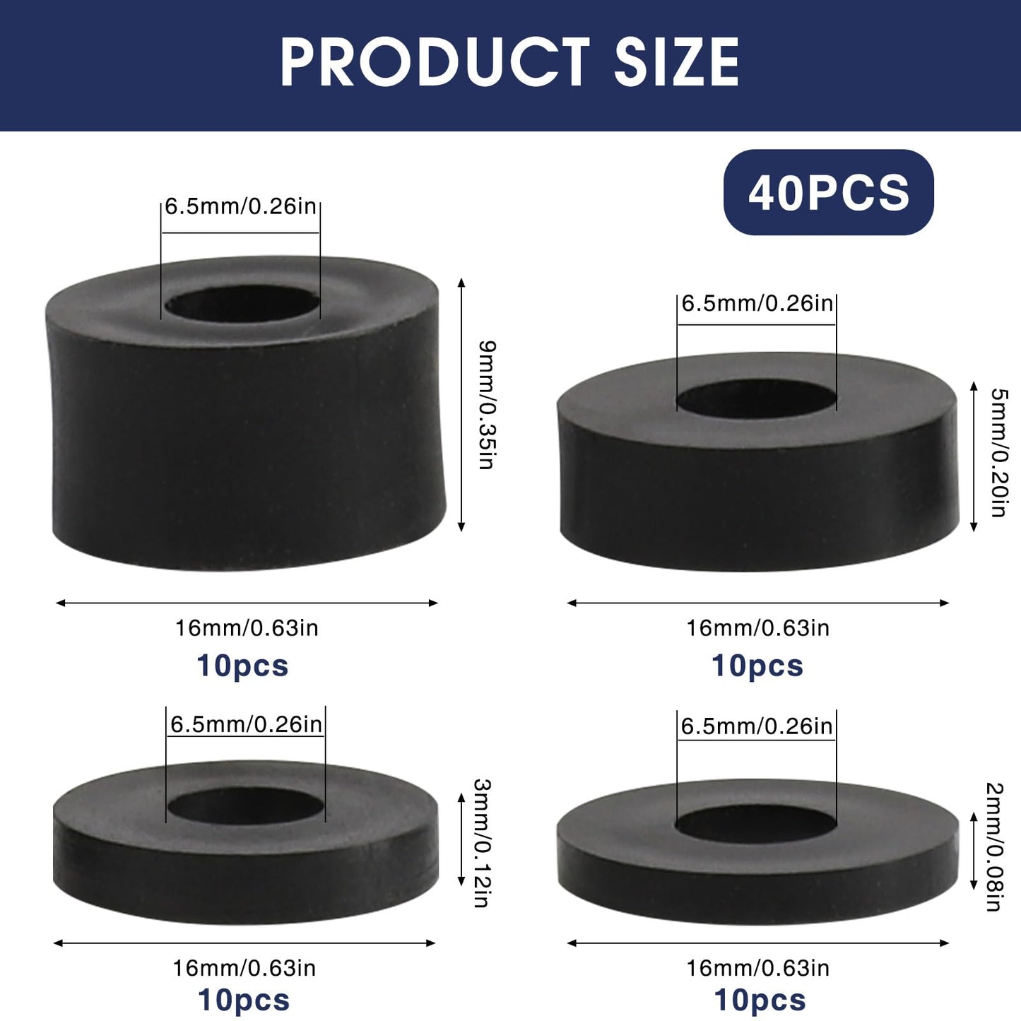 LOGJAM 40 Pcs 4 Sizes Rubber Spacers Washers, Round Solid Rubber Bushings, Bolts Isolation Pads