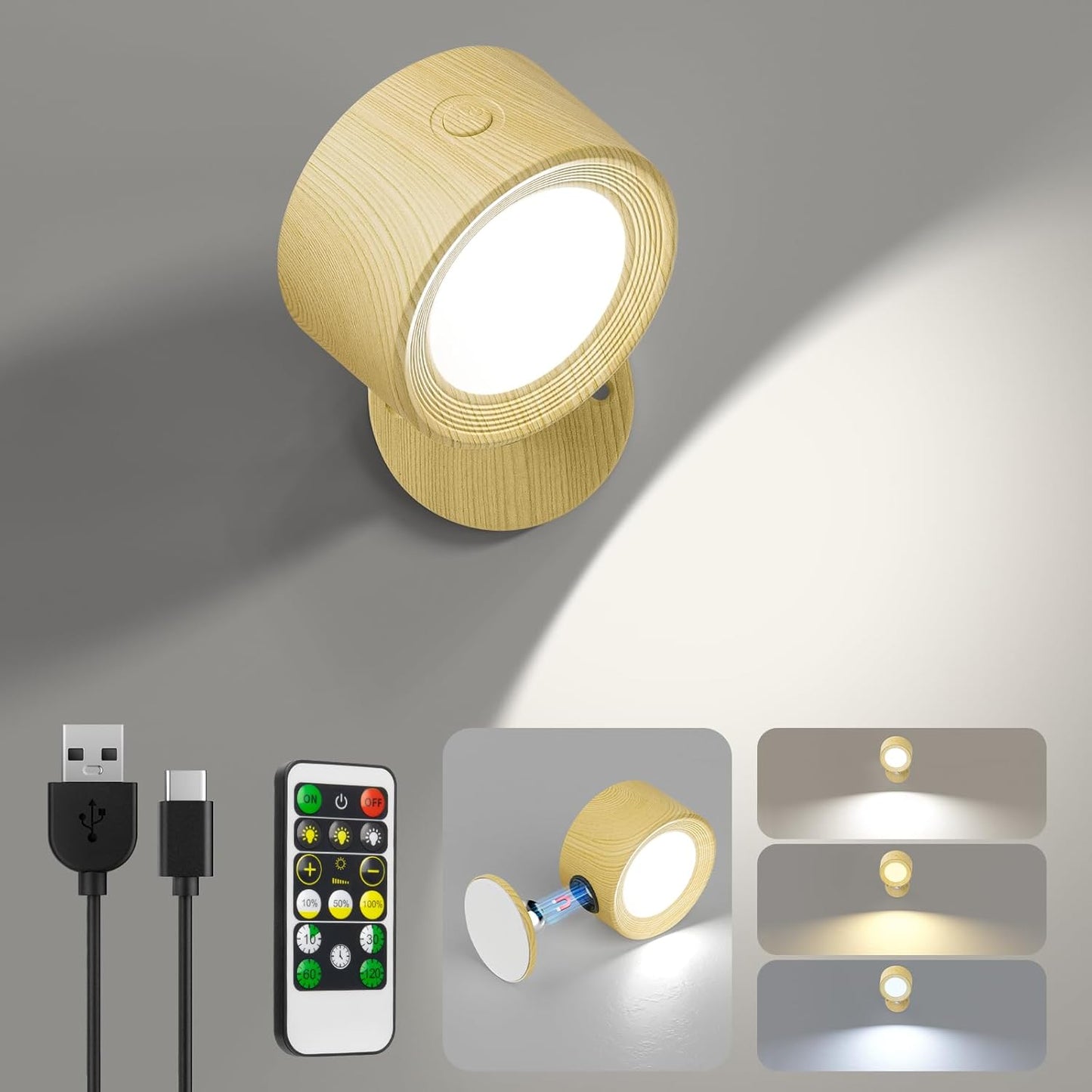 Rechargeable LED Wall Mounted Lights - 3 Pack with Remote, Dimmable & 360° Rotation for Bedroom