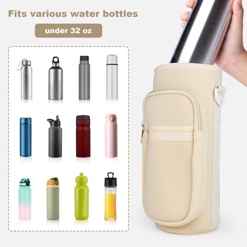 Bstge Water Bottle Holder with Strap, Water Bottle Carrier Bag with Phone Pocket, Shoulder Hand Strap Insulated Neoprene 32 oz Water Bottle Sleeve for Walking Hiking Camping Gym(white)