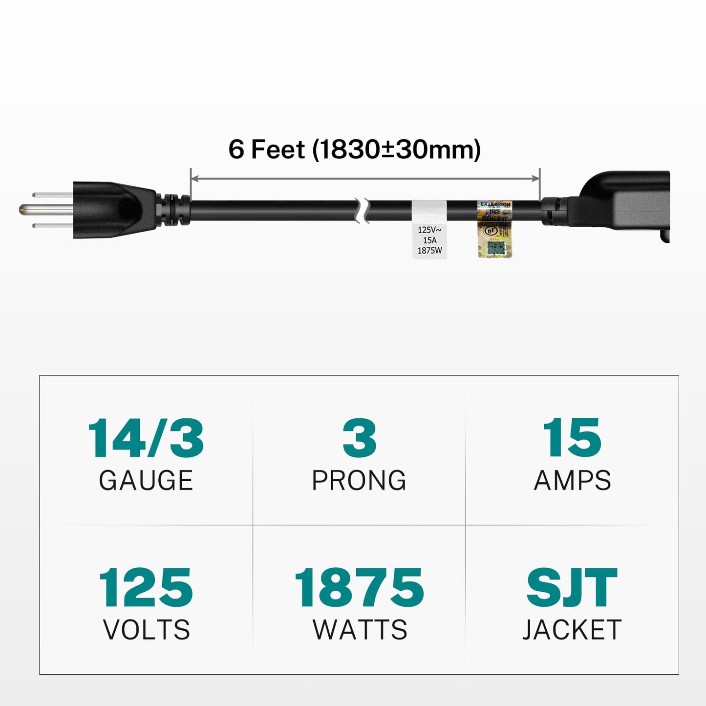 FIRMERST 1875W Heavy Duty Extension Cord 6 Feet 14 AWG 15A Black