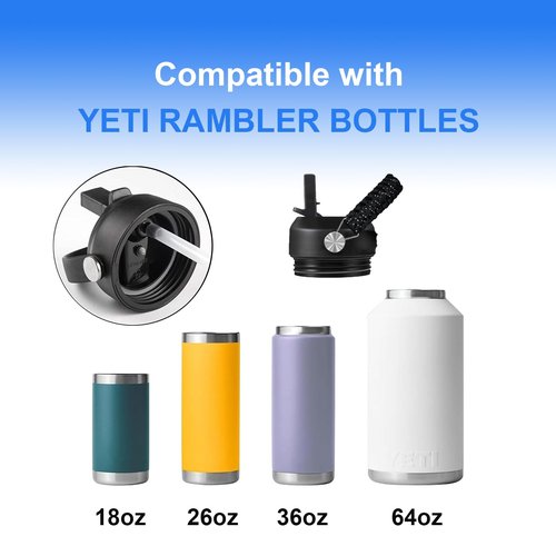 Straw Lid for Yeti Rambler 18 26 36 46 64 oz Bottles | Cap with Straws and Paracord Flex Handle | Replacement Screw Top for Yeti Kids Jr 12 Ounce Cup | Leak-proof Water Bottle Accessories | Black