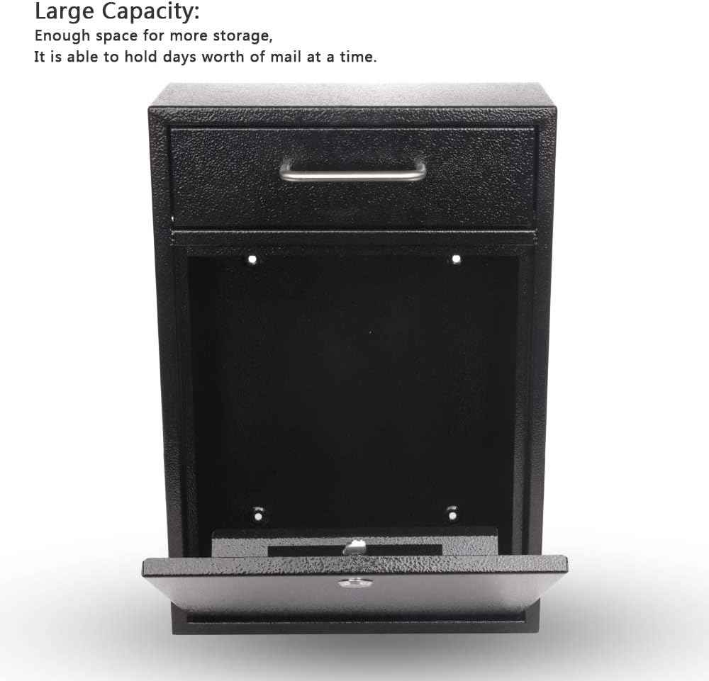 Secure Wall-Mount Mailbox with Lock | KYODOLED Large Steel Drop Box, Black, 16.2H x 11.22L x 4.72W