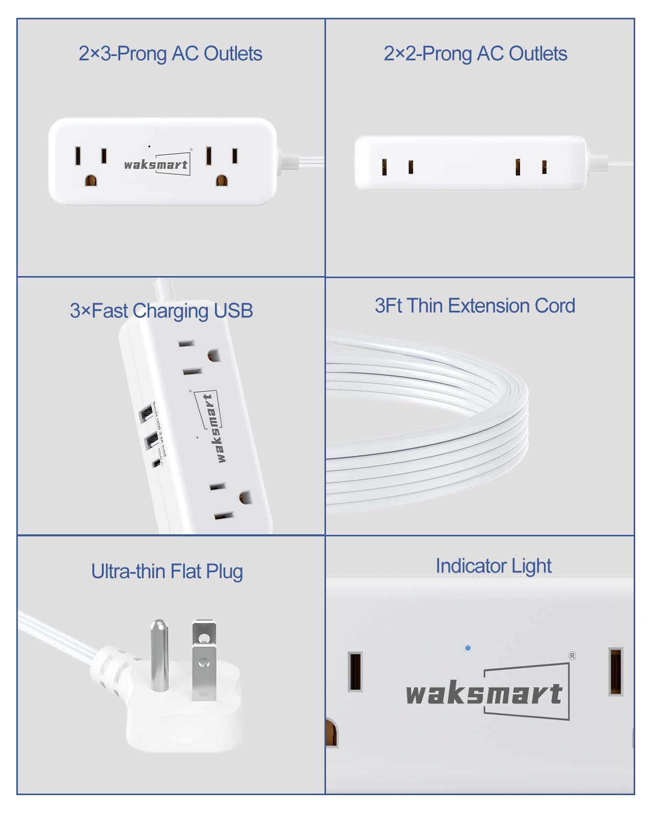 Flat Plug Extension Cord 3 Feet with 4 AC Outlets 3 USB Ports (5V/3.4A 17W), Flat Plug Power Strip Compact for College Dorm, Travel, Home, White