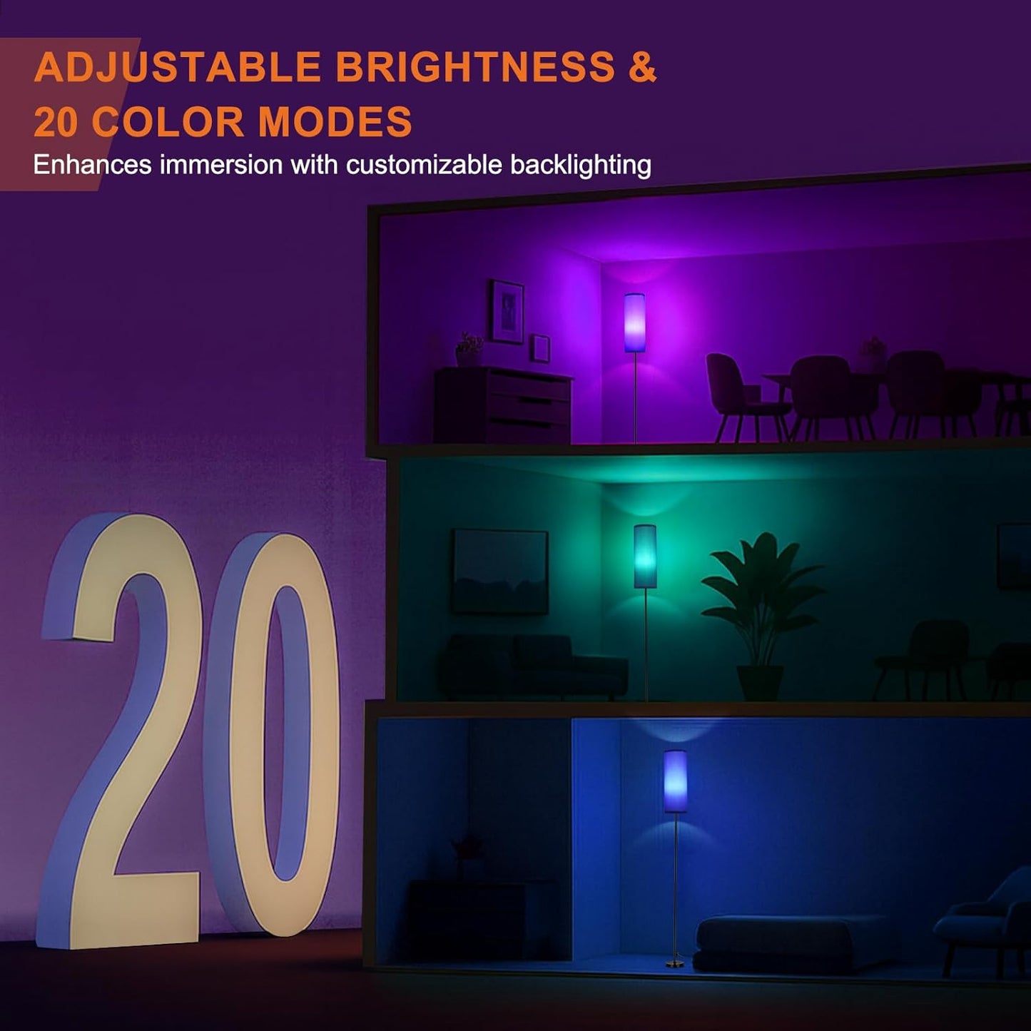 Modern Dimmable Floor Lamp with Remote - RGB Smart Bulb for Living Room, Bedroom & Office
