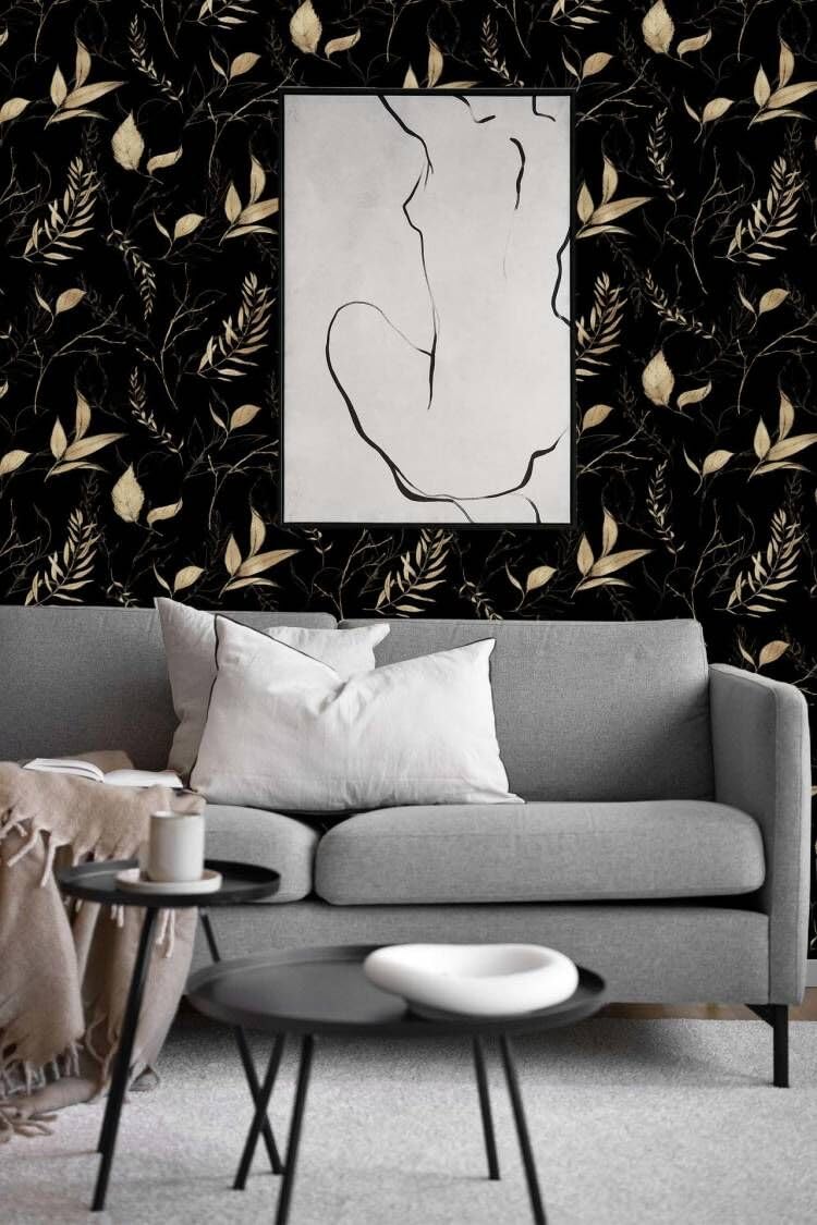 Akodm Black and Champagne Gold Leaf Wallpaper Peel and Stick Botanical Vintage Contact Paper for Cabinets Drawers Bathroom Removable Self Adhesive Thick Vinyl Waterproof Luxury Wallpaper 17.7"x70.8"
