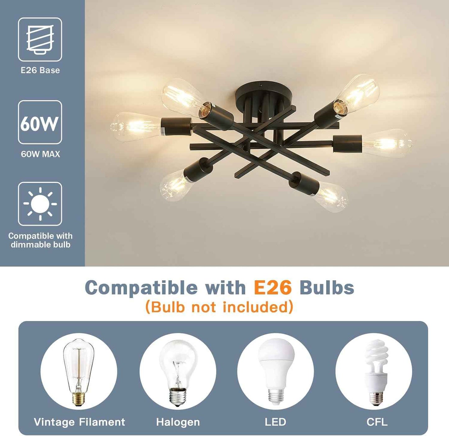 Gold Modern 6-Light Semi Flush Mount Ceiling Light Fixture - Vintage Sputnik Chandelier for Kitchen, Dining & Living Room