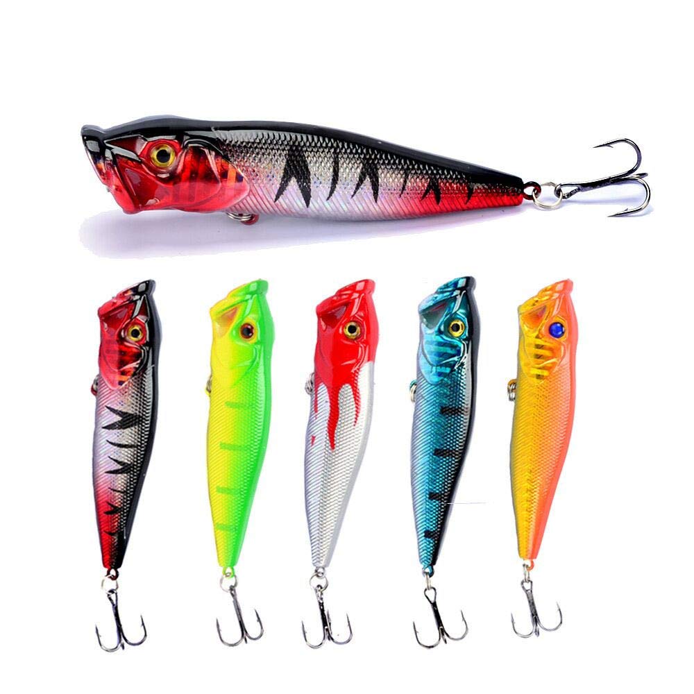 SunMine 5pcs Fishing Bass Lures Popper Lure Shallow Swimbait Crankbait with Treble Hook 3D Fishing Eyes for Bass Trout Freshwater and Saltwater