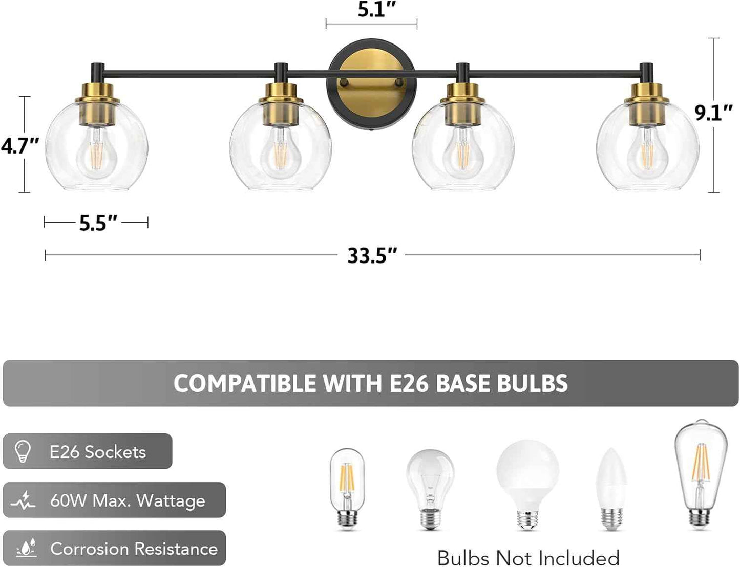 3-Light Vanity Bathroom Light Fixture with Globe Glass Shades - Brushed Nickel, ETL Certified