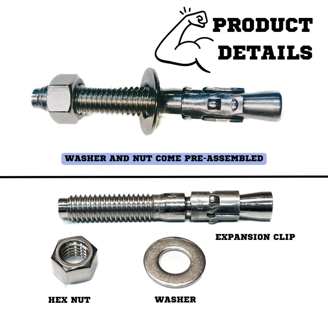 Mighty Fasteners Wedge Anchors – Heavy-Duty 304 Stainless Steel Expansion Bolts for Concrete & Masonry, Rust-Resistant & Durable - 3/8" X 3" - 5 Pack