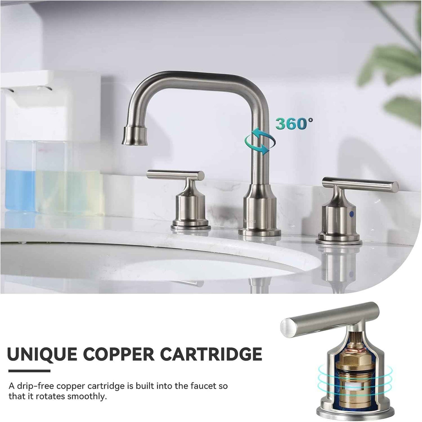 Brushed Nickel 8-Inch Widespread Bathroom Faucet with 360° Swivel Spout - Modern 2 Handle Lavatory Sink Fixture