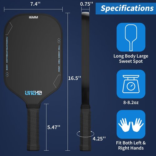 UNEHB Pickleball Paddles,16mm T700 Pickleball Racket, Thermoformed Raw Carbon Fiber Pickleball Paddle, Carbon Fiber Textured Surface (CFS),Designed for Great Spin Power and Control