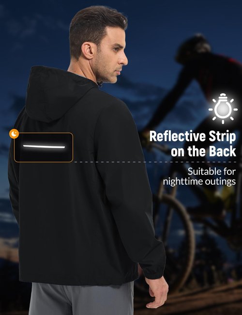 baleaf Men's Rain Jacket Packable Waterproof Golf Windbreaker Hiking Gear Hood Running Raincoat Reflective Black L