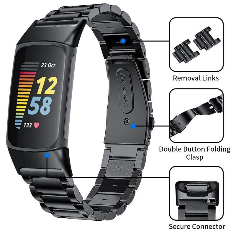 TenCloud Bands Compatible with Fitbit Charge 6/Charge 5 Activity Tracker Solid Stainless Steel Women Men Wristband Metal Watch Link Band for Charge 6 (Black)