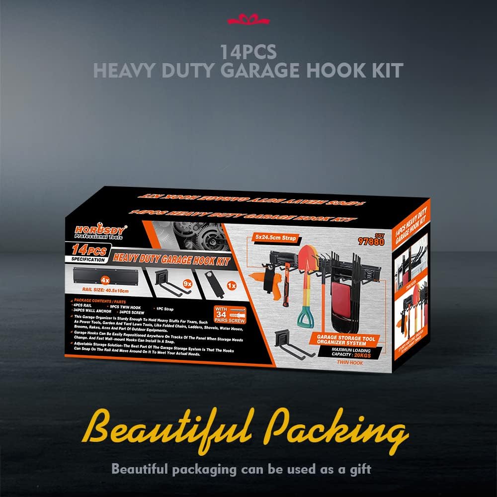 Heavy Duty Garage Organization Rack - 64-Inch Tool Storage with 600LB Capacity, 4 Rails & 9 Adjustable Hooks