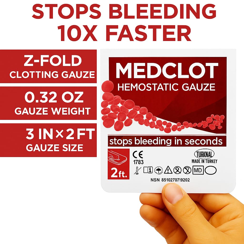 MEDCLOT Hemostatic Gauze – Stops Bleeding Fast - Blood Clotting Bandage with Kaolin - Bleed Stop for Wounds & Emergencies - Sterile Compressed Dressing, 2ft Roll, Expires 2029