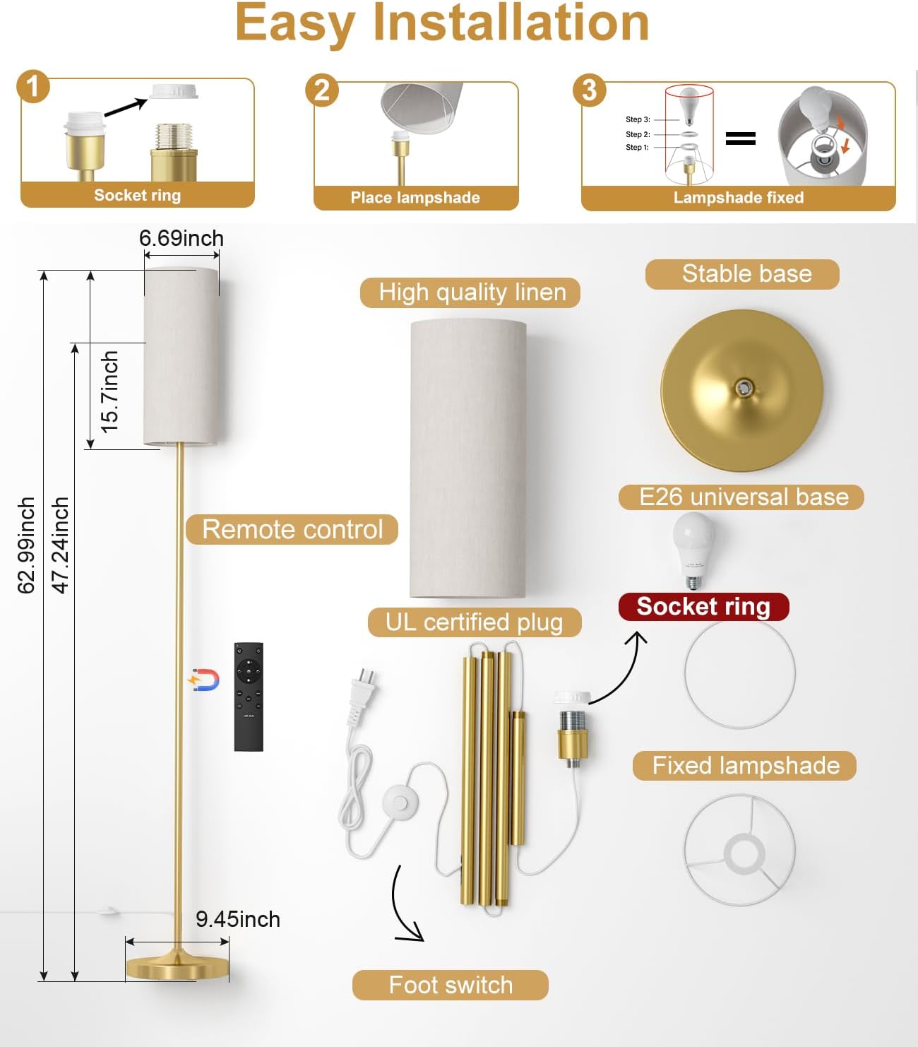 LED Floor Lamp with Remote & Dimmable Feature - Modern Gold Standing Lamp for Living Room & Bedroom