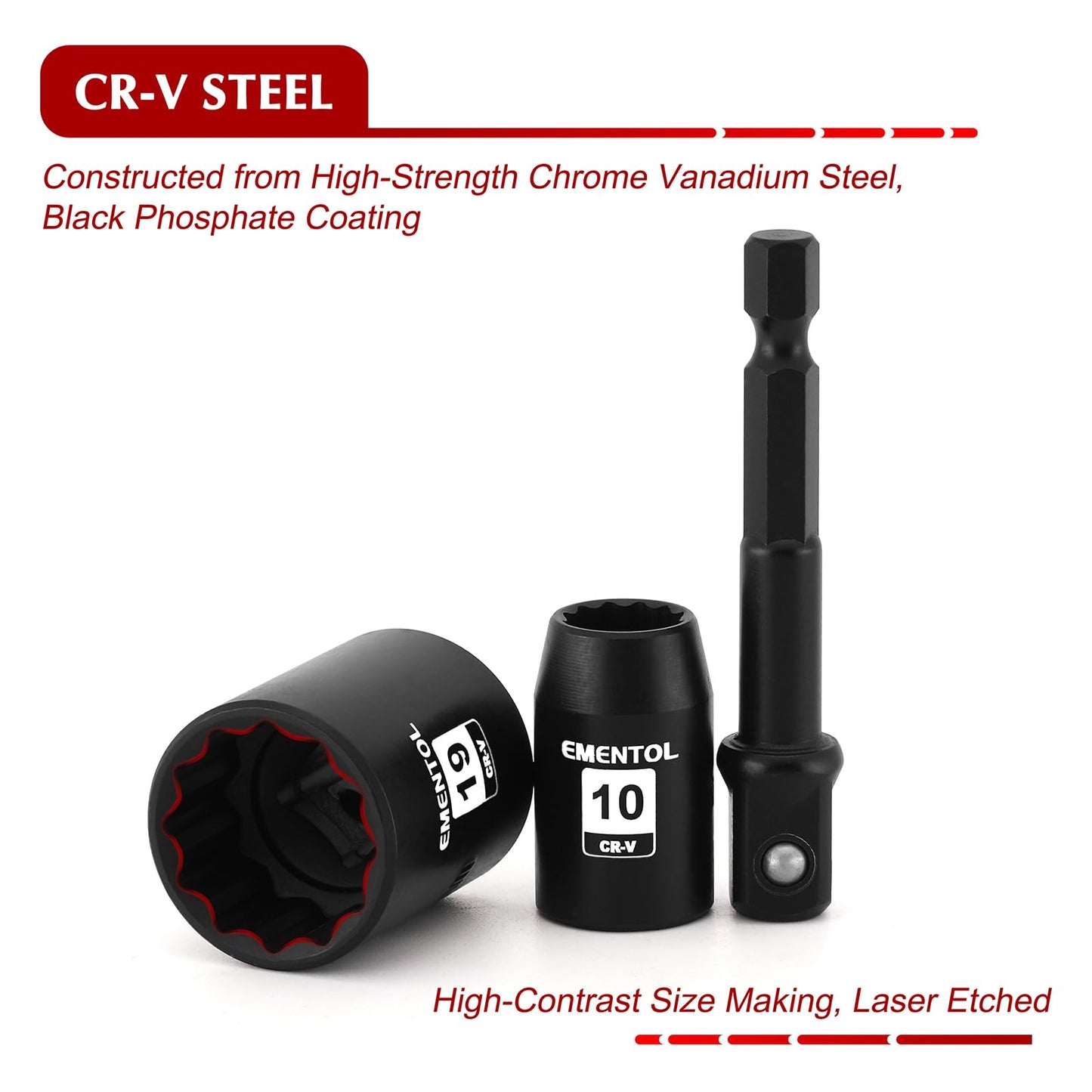 EMENTOL 14PCS 3/8"Dr. Standard Impact Socket Set, Metric, 12-Point, CR-V, 14 Pieces 3/8-Inch Drive Shallow Socket Set, 7mm - 19mm