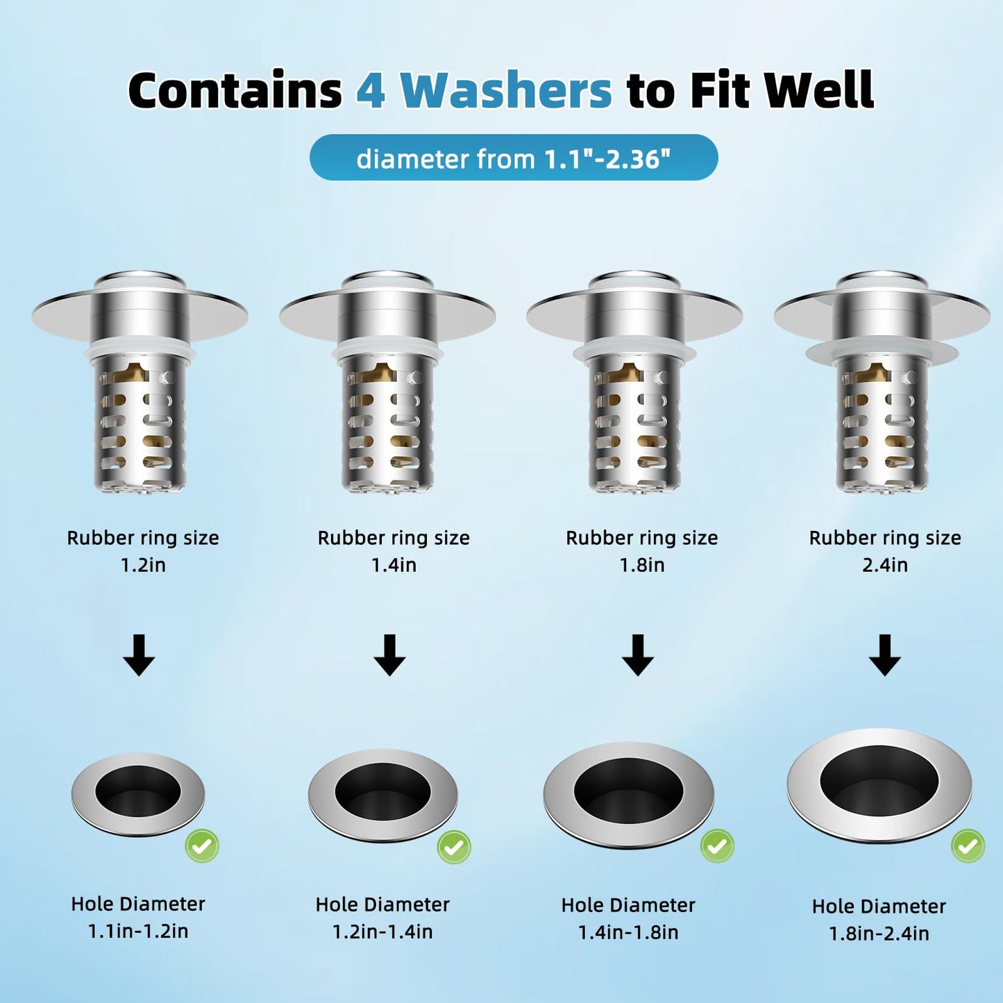 Universal Metal Bathroom Sink Drain Strainer Hair Catcher Upgraded 3 in 1 Pop-up Sink Stopper, with Detachable Stainless Steel Filter Basket, Fit for Standard 1.1''~2.36'' Basin Hole, Chrome