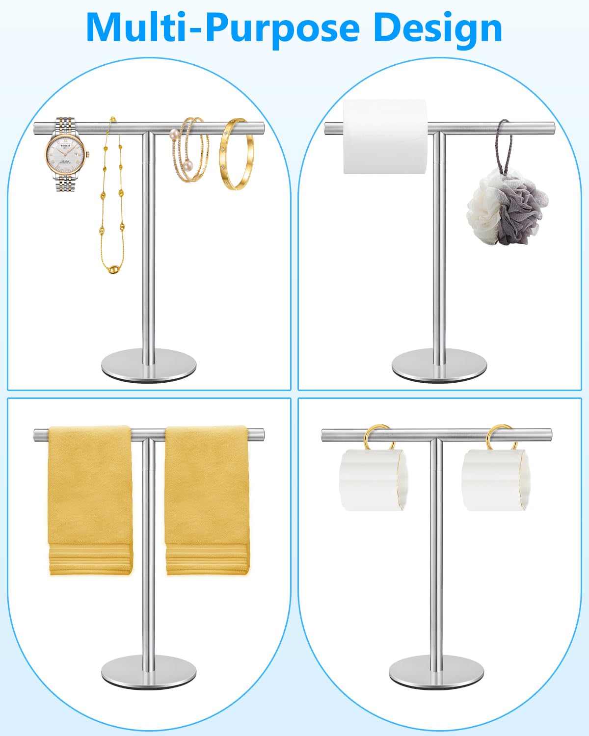 Standing Hand Towel Holder, T-Shape Towel Rack Stand, Stainless Steel Towel Bar for Bathroom Kitchen Vanity Countertop, Nickel