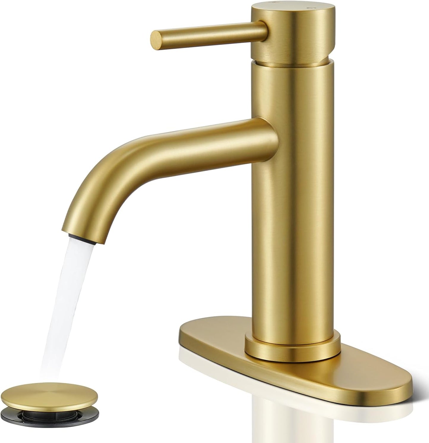 WINKEAR Gold Bathroom Faucet - Modern Single Hole Sink Faucet with Pop-up Drain & Flexible Hoses