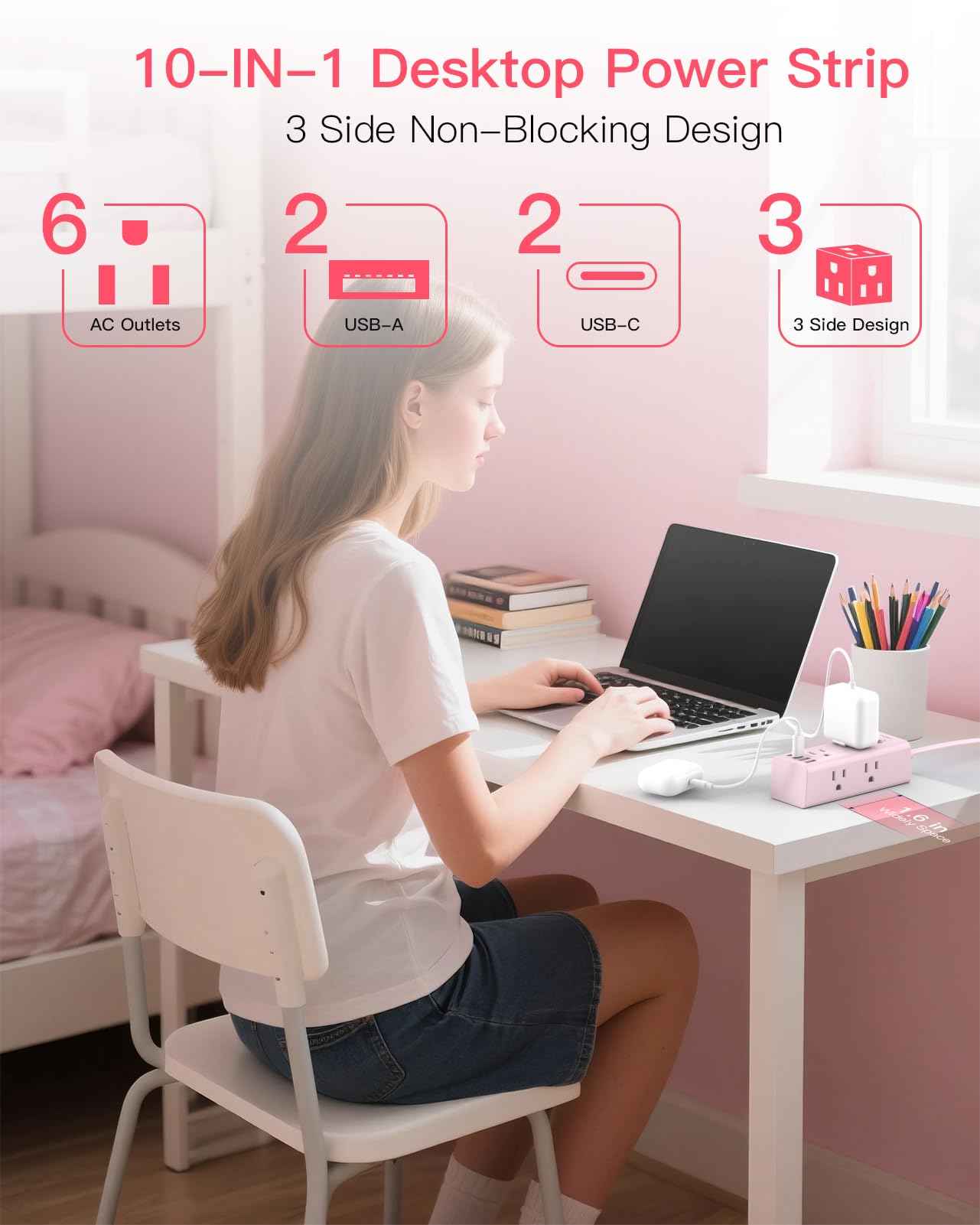 5Ft Extension Cord with Multiple Outlets, Flat Plug Power Strip Surge Protector with 5 Ft Long Cord, 6 Outlet 3 USB Ports (1 USB C), Multi Outlet Wall Plug for Travel, Dorm Room Essentials-Pink