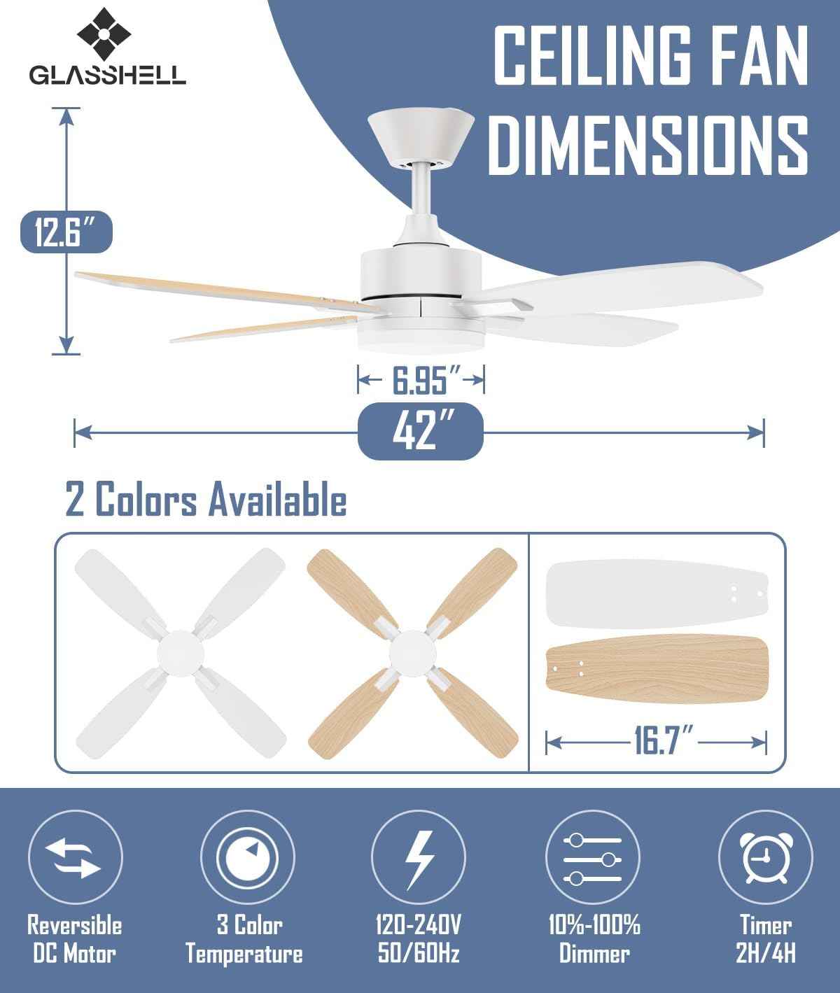 52-Inch Ceiling Fan with Remote Control & Dimmable Light - Noiseless DC Motor for Indoor/Outdoor Use