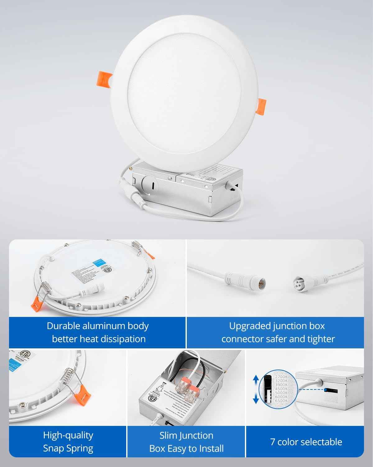 10W Dimmable 5-Inch LED Recessed Ceiling Light - Ultra Thin Canless Downlight, 800LM, 7CCT, Damp-Rated for Kitchen & Bathroom, 8 Pack