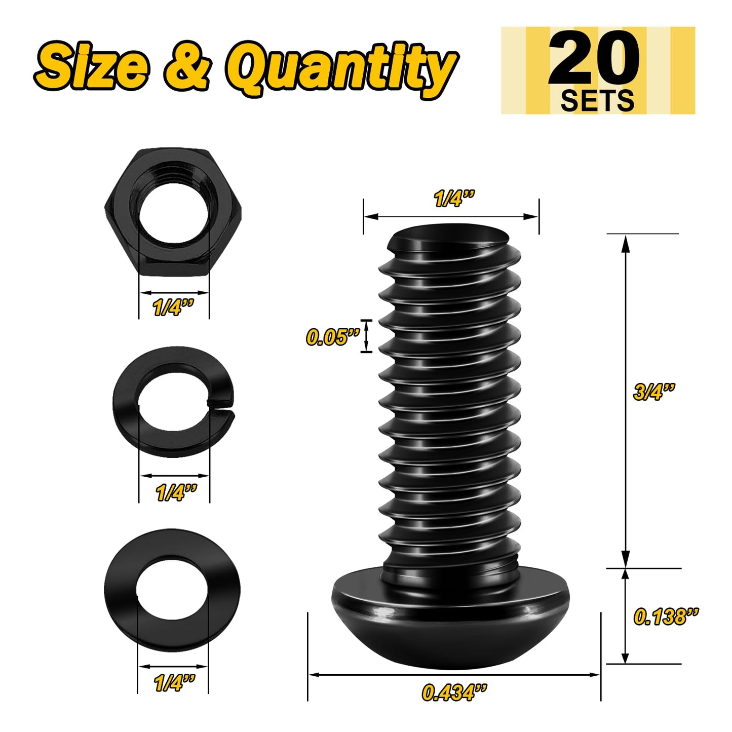 (20Sets) 1/4-20 Bolt x 3/4" Button Head Socket Cap Bolts Screws, Black Oxide 304 Stainless Steel Nuts and Bolts, 18-8 Allen Screws, Nuts and Bolts Assortment Kit, Fully Threaded Hex Spanner by Mywish