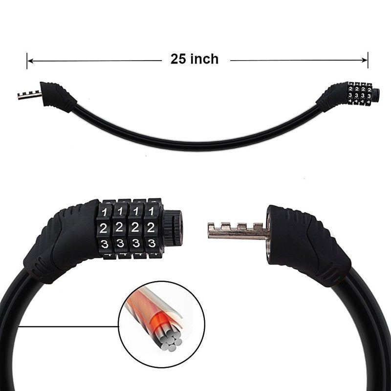 Sanwo Security Bike Lock 4 Digit Resettable Combination Cable Lock for Bicycle, 2 Feet x 1/2 Inch (Black)