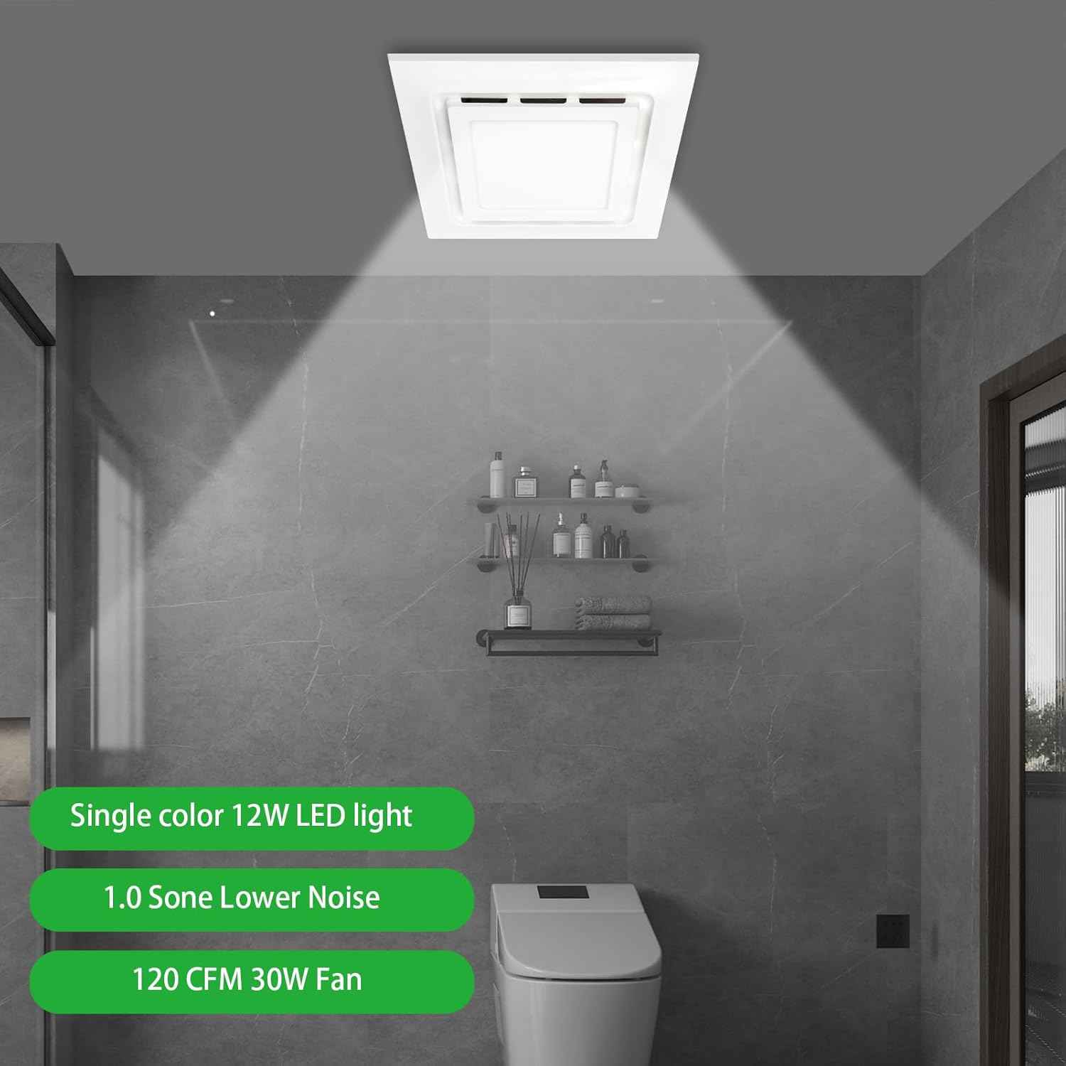 12" Silent Exhaust Fan with 6500K LED Light - 144 CFM Bathroom Ventilation
