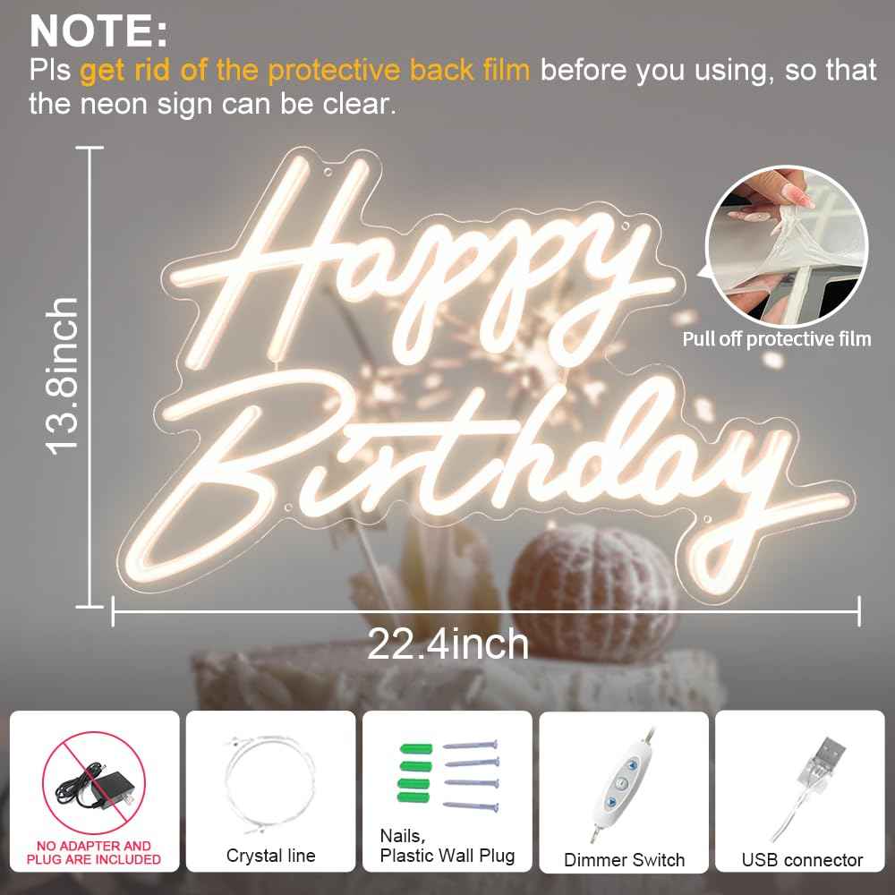 Happy Birthday Neon Sign, 22.4"x13.8" Happy Birthday Sign for Birthday Party Decor, Happy Birthday Light Up Led Signs for Backdrop, Neon Birthday Sign for Any Ages Bday Celebration, Warm White DIVATLA