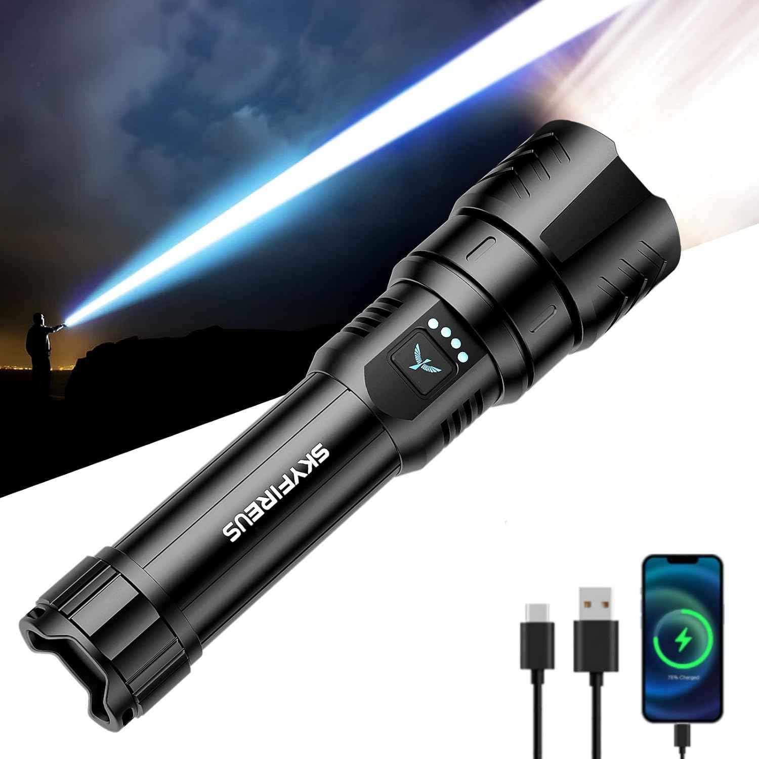 2000 Lumen Rechargeable LED Flashlight - Waterproof Tactical Light with Zoom & 4 Modes for Camping & Outdoor Use