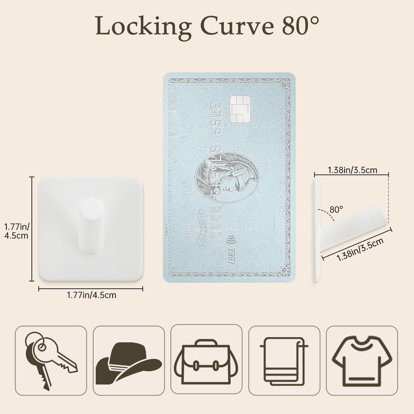 Fotosnow Locking Curve White Stainless Steel Hooks: Heavy Duty Anti-Slip Wall Hooks for Bathroom, Kitchen, Entryway -Holds 15lbs, No Damage Installation 4 Pack