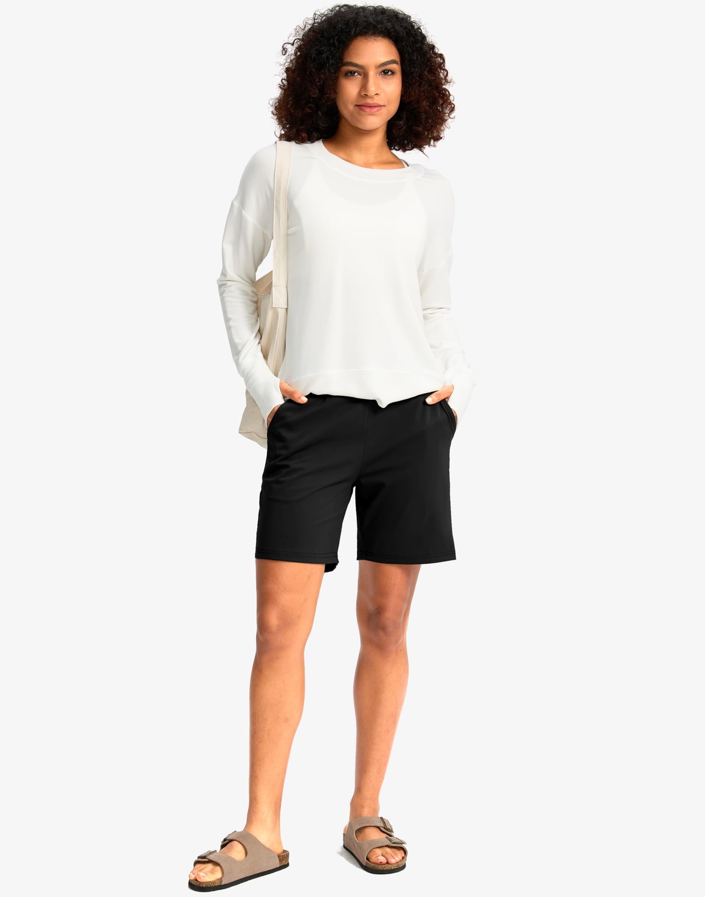 G Gradual Women's Bermuda Long Shorts with Pockets 7" High Waisted Knee Length Shorts for Women Walking Athletic Workout(Black-L7,L)