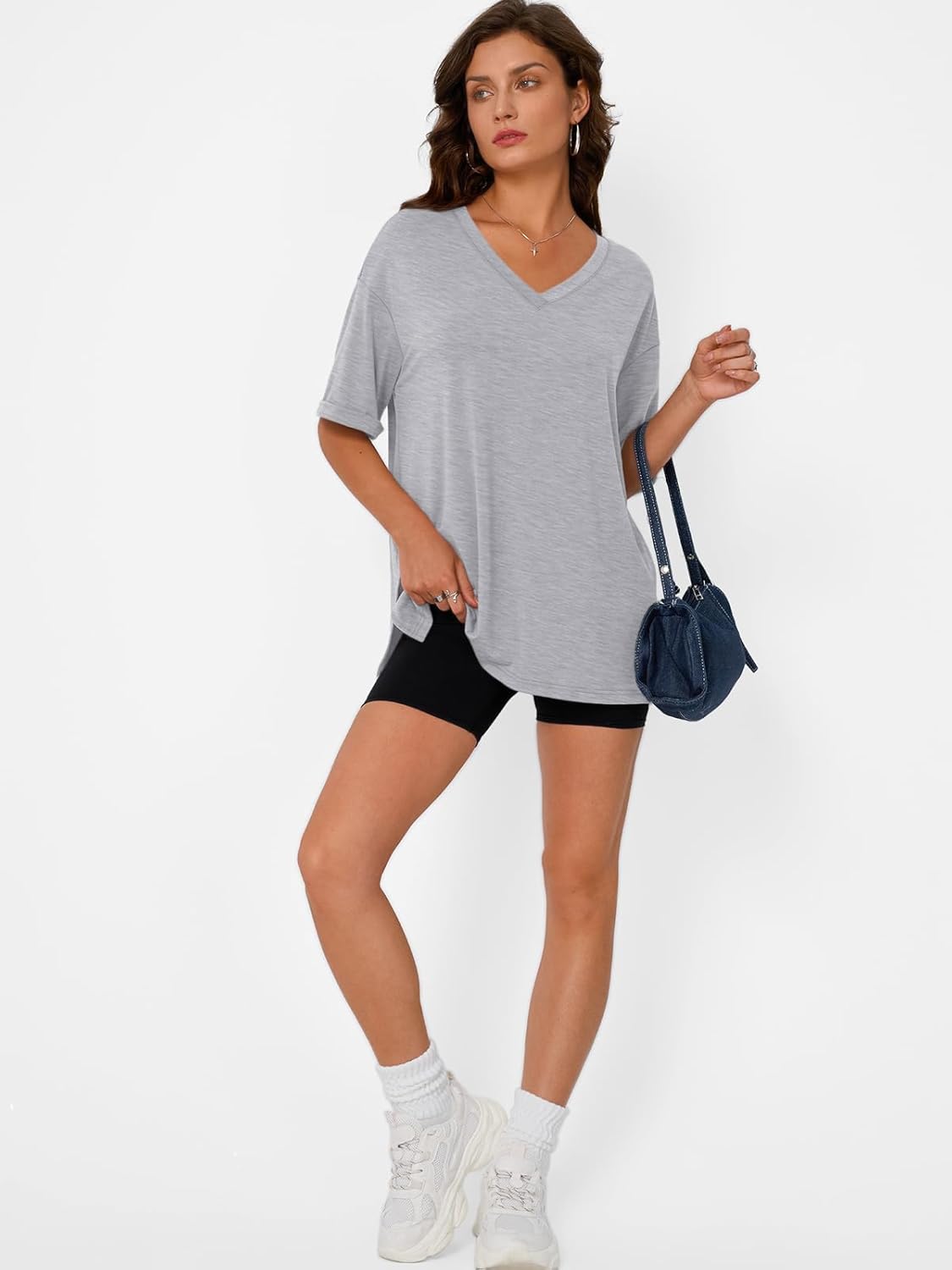 Trendy Queen Plus Size Oversized V-Neck T-Shirt - Breathable Fabric for Gym & Casual Wear