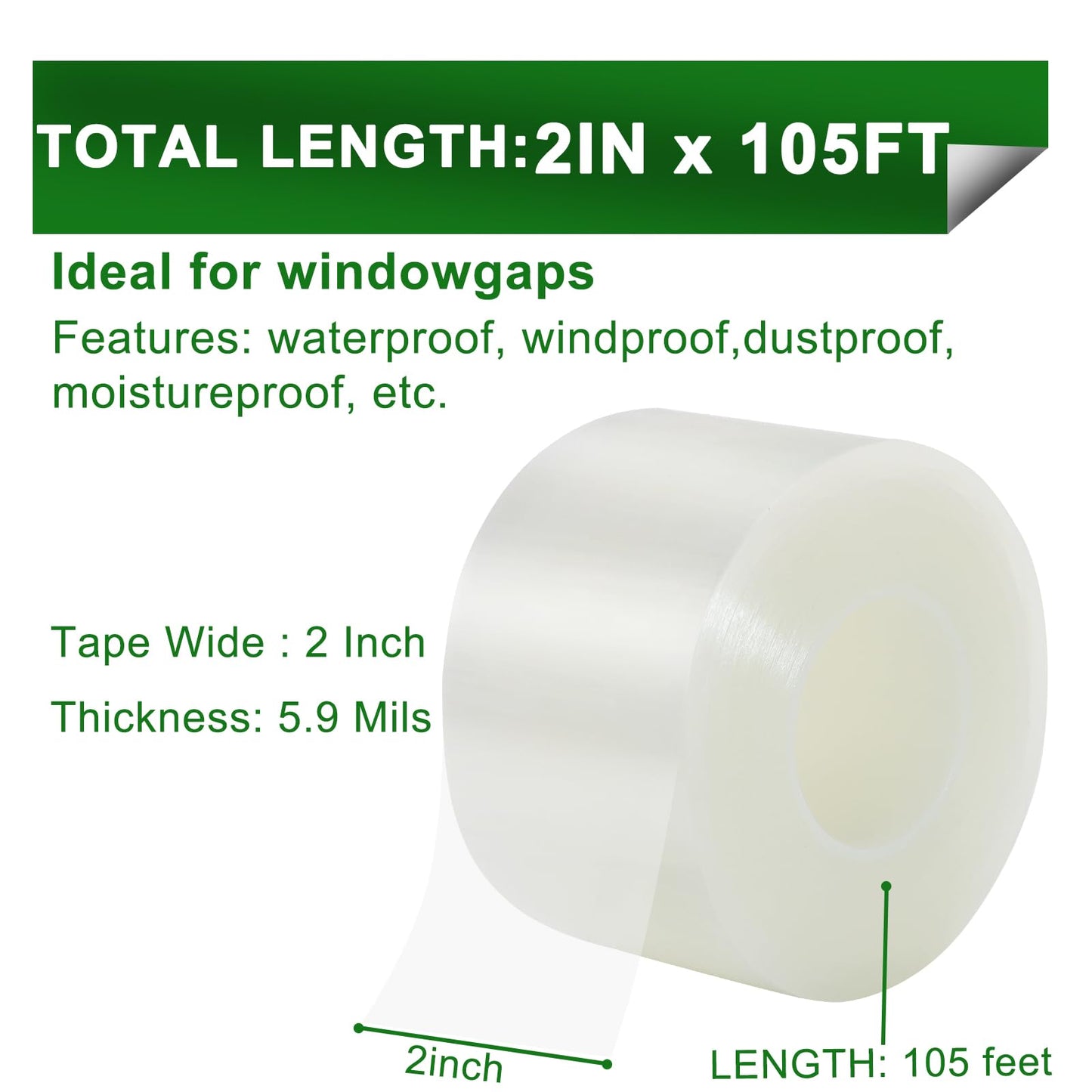 Qoqooice Transparent Window Weather Sealing Tape 2 Inch x 35 Yards Weather Stripping Residue Free Clear Window Draft Isolation Sealing Film Tape for Doors Windows and Shower Glass Gaps