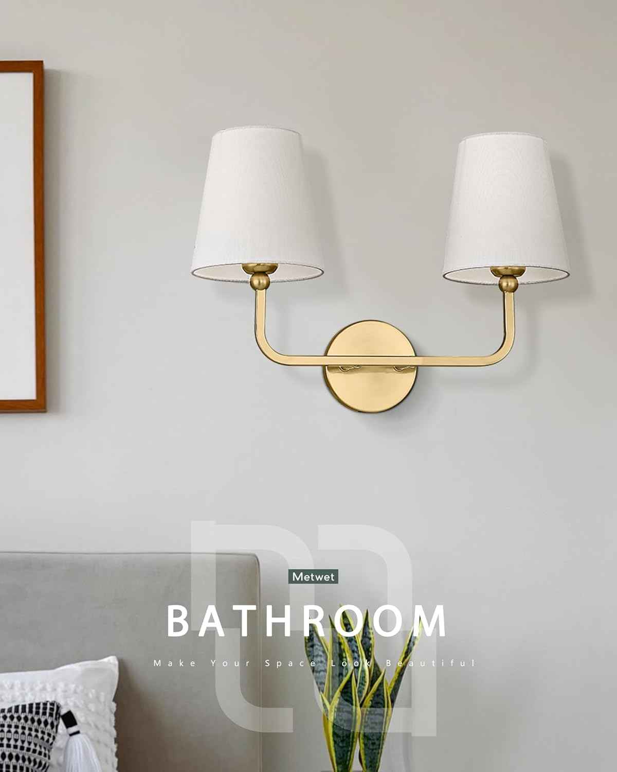Brushed Gold 2-Light Bathroom Vanity Sconce with White Fabric Shade - Modern Wall Lighting for Hallway & Bedroom, Model VL837-BG