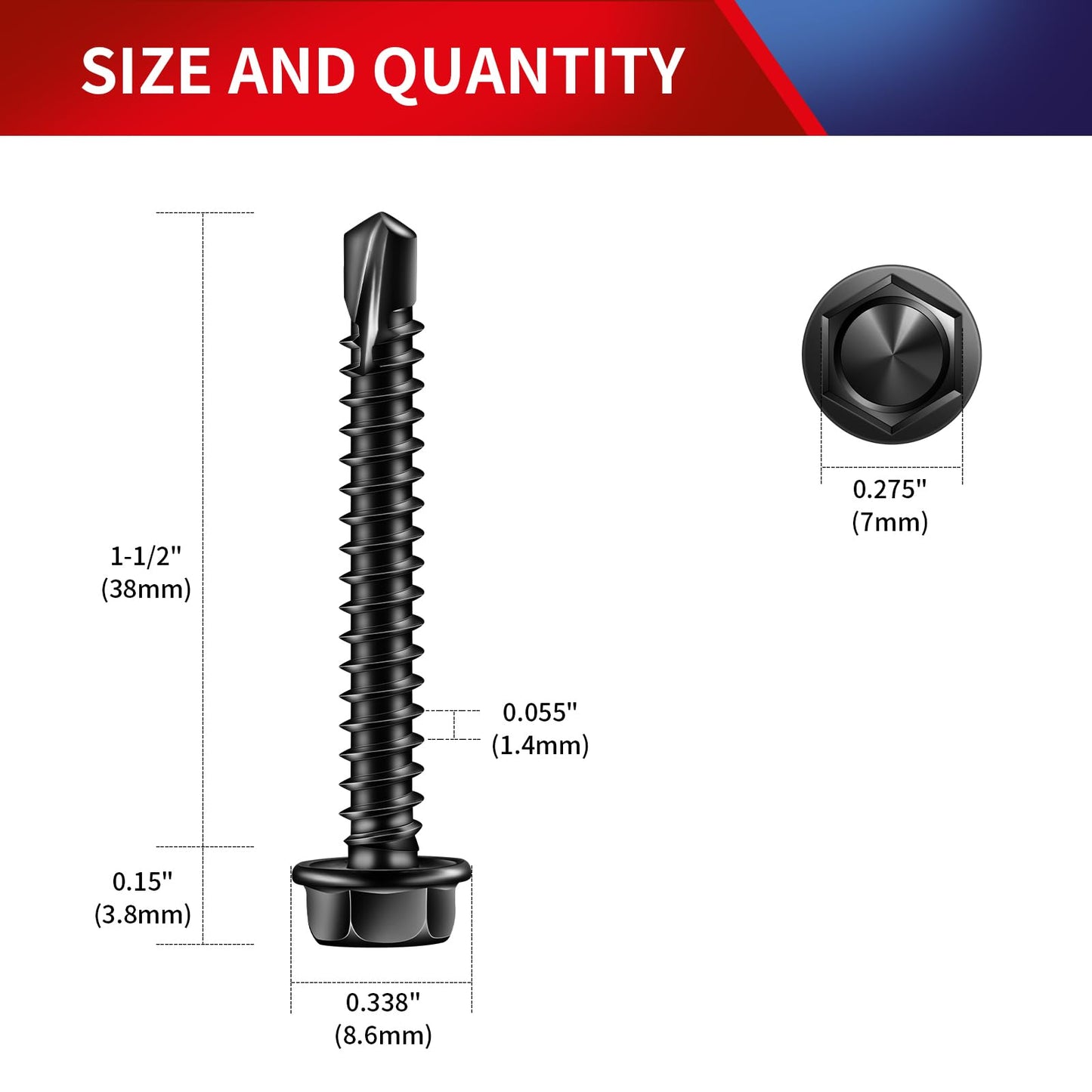 SG TZH (131Pcs)#8 x 1-1/2" Sheet Metal Screws 410 Black Stainless Steel Hex Washer Head Fast Self Tapping Screws Tek Screws with Hex Socket Included