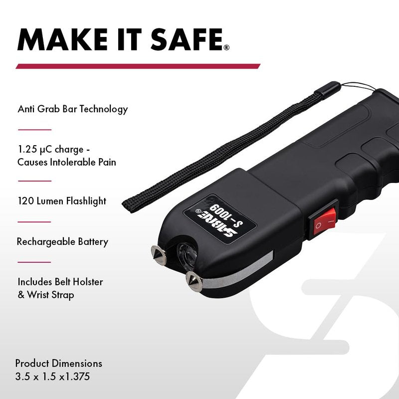 SABRE 2-in-1 Stun Gun with Flashlight and Anti-Grab Bar Technology, Painful 1.250 µC Charge, 120 Lumens, Rechargeable Battery, Safety Switch, Includes Wrist Strap and Belt Holster