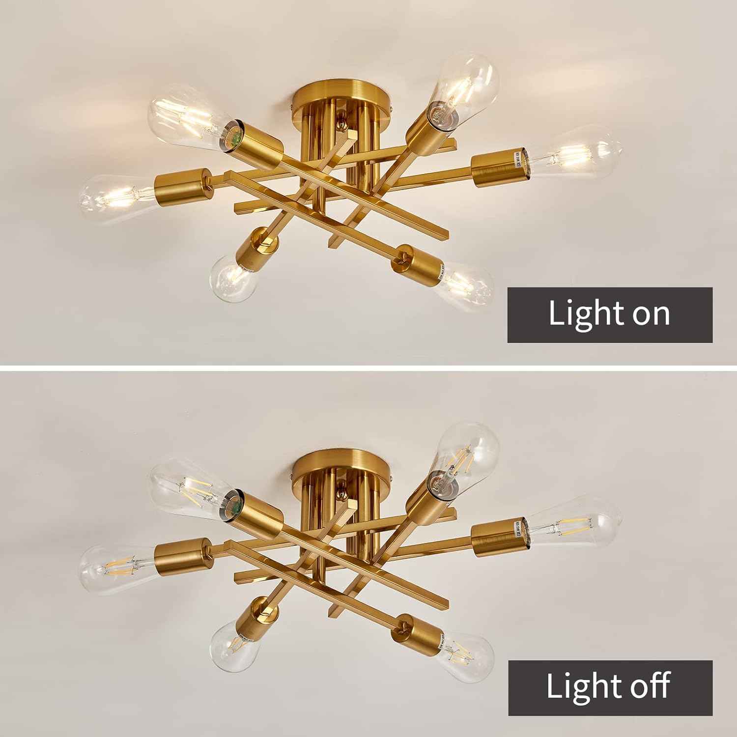 Gold Modern 6-Light Semi Flush Mount Ceiling Light Fixture - Vintage Sputnik Chandelier for Kitchen, Dining & Living Room