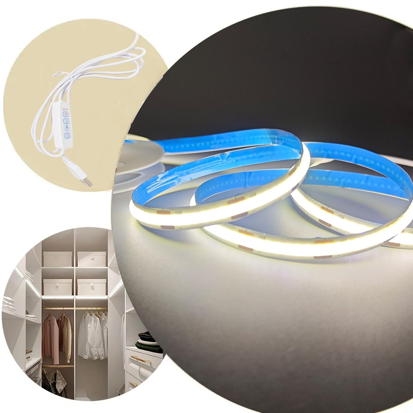 ZSLAIFU 2 Pack White USB Light Strip 5V COB Flexible Strip Light LED Backlight for Bedroom Cabinet Vanity Mirror DIY Lighting (3.28FTx2)