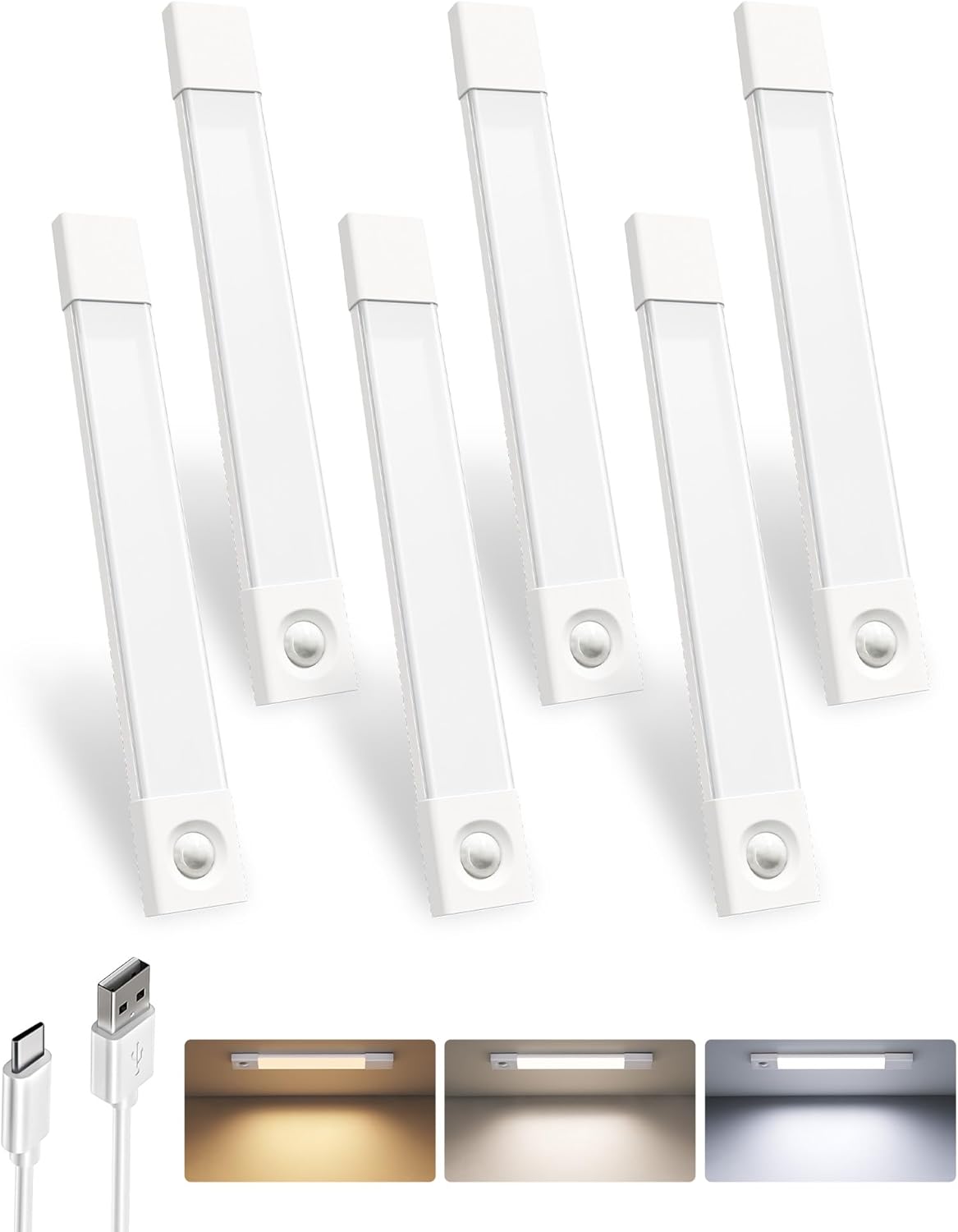 Rechargeable Motion Sensor Under Cabinet Lights - 6-Pack Dimmable LED Closet Lighting, 3 Color Temperatures, 11.8 Inch for Kitchen, Pantry & Bedroom