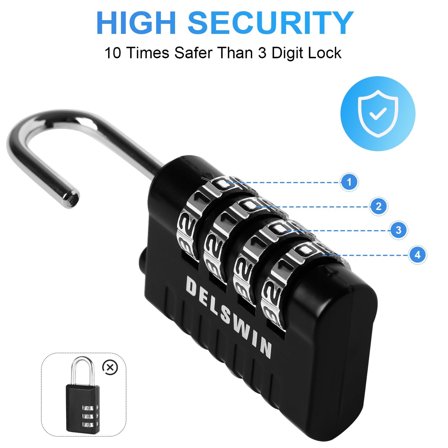 DELSWIN Combination Lock 4-Digit Small Padlock - 4Pcs Resettable Combo Lock for School Gym Locker, Outdoor, Fence, Gate, Waterproof Luggage Locks for Travel Backpack