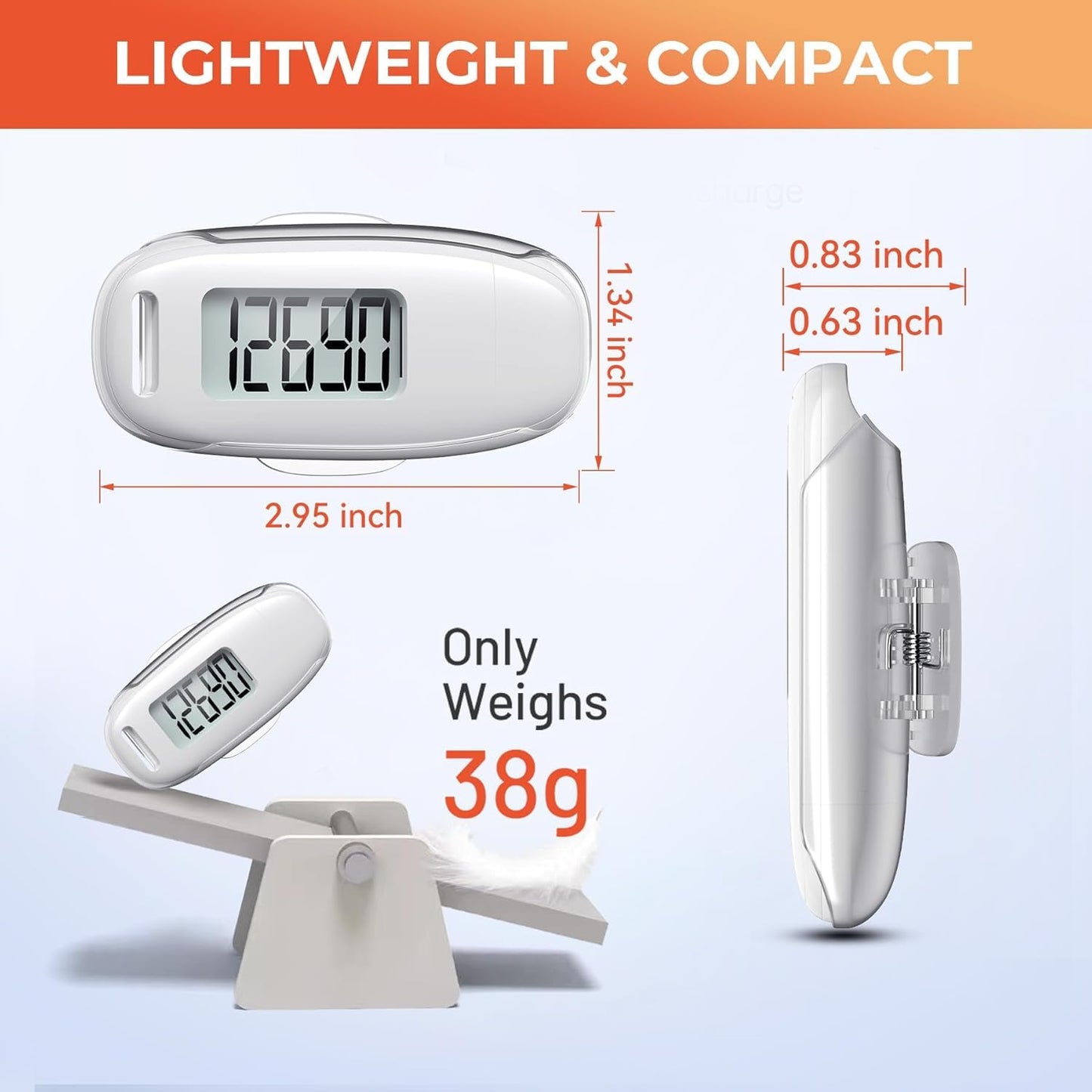 3D Pedometer for Walking, Simple Walking Step Counter with Removable Clip and Strap, USB Rechargeable Step Tracker with Backlight, Accurate Step Counter for Men Women Seniors - White